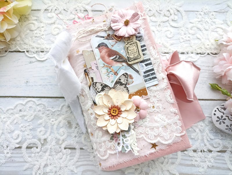 French blue butterfly bird junk journal handmade Lace shabby chic notebook - Notebooks & Journals - Paper Pink