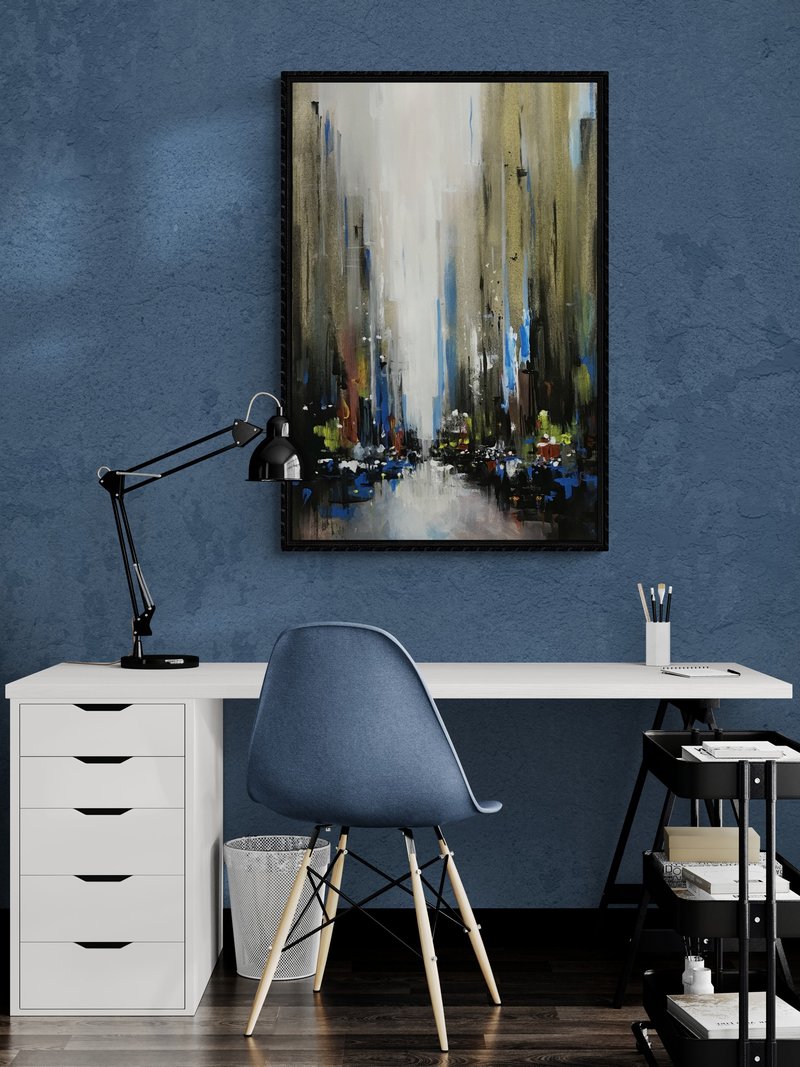 Large Abstract City Oil Painting on Canvas Wall Ar Picture for Living Room - ตกแต่งผนัง - ผ้าฝ้าย/ผ้าลินิน สีน้ำเงิน