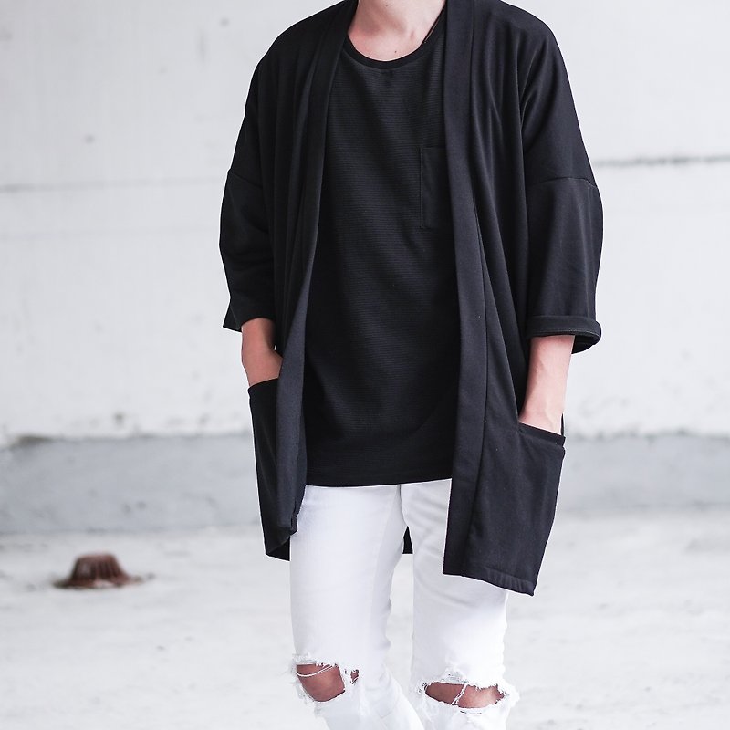 Men's Black Oversized Noragi Jacket, Japan Kimono Cardigan, One Size Yukata - 外套/大衣 - 聚酯纖維 黑色