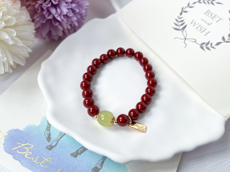 [Akadama] Cinnabar Xiu Jade 14K gold-filled design bracelet - Bracelets - Crystal Red