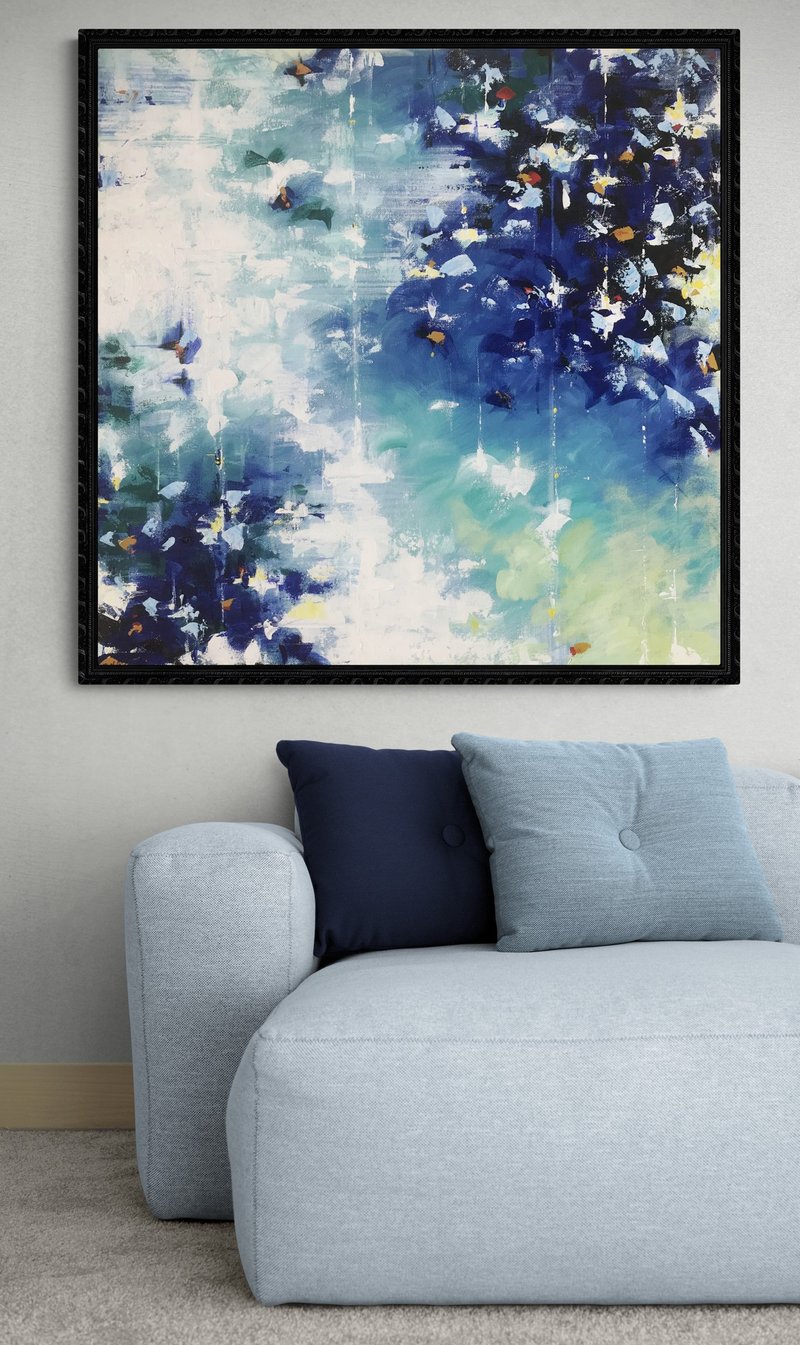 Original Blue Large Canvas art, Gold Painting Large Wall Art, Textured Art - ตกแต่งผนัง - ผ้าฝ้าย/ผ้าลินิน สีน้ำเงิน