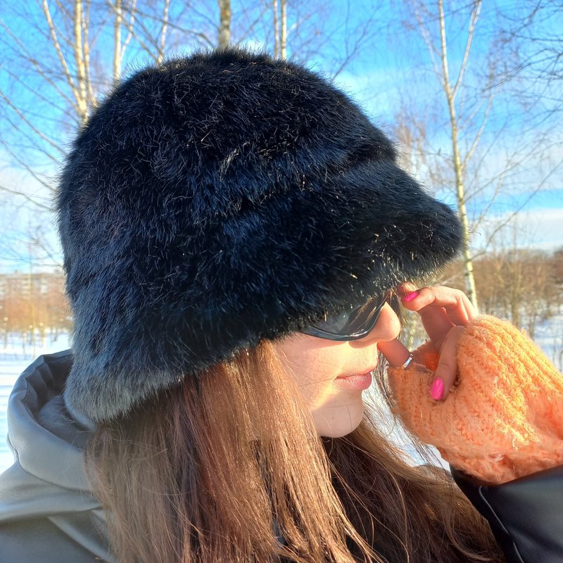 Black panama hat made of faux mink fur. Fashion fluffy mink fur hat. Cute hat. - Hats & Caps - Other Materials Black