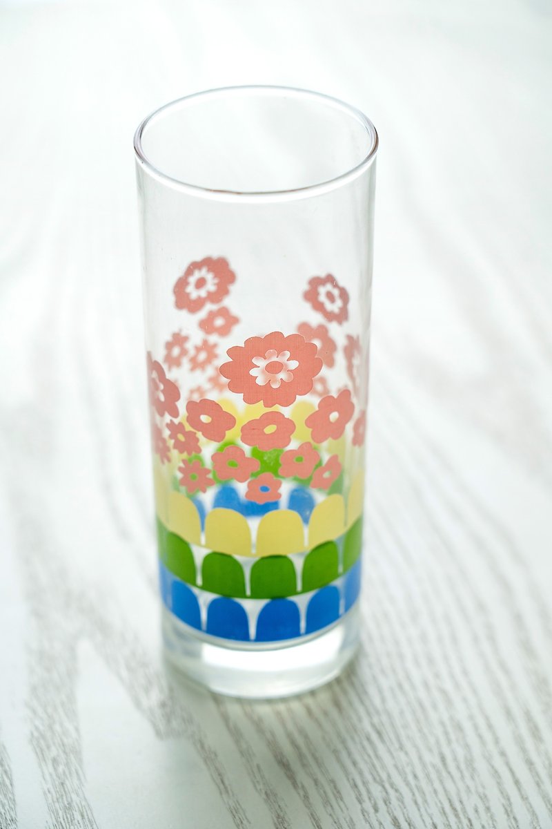 Made in Japan, early Showa era, cute printed tall glass, second-hand, as-new, free shipping to Taiwan - Cups - Glass Pink