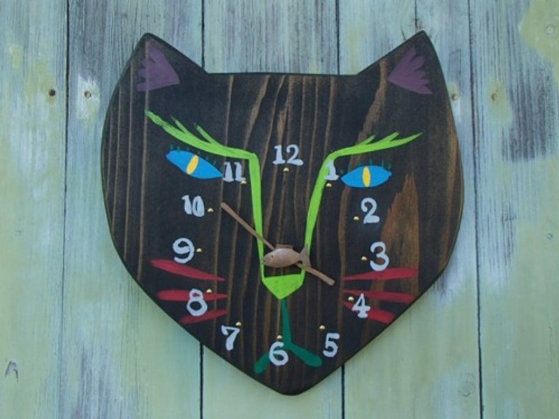 cat face clock (black) - นาฬิกา - ไม้ สีดำ