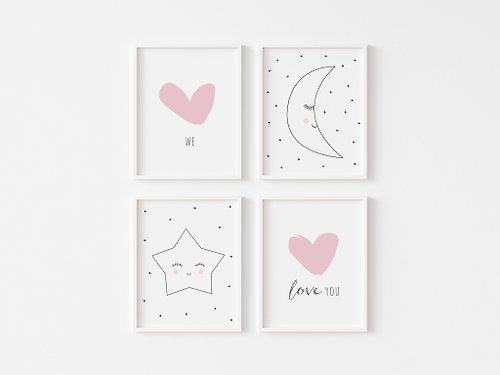ABCco Cute nursery wall art set prints, Star, Moon, We love you prints, Digital file