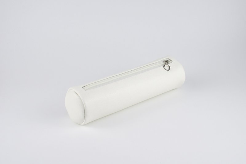 Plain white simple cylindrical pencil case travel storage bag large capacity leather stationery bag - กล่องดินสอ/ถุงดินสอ - หนังเทียม ขาว