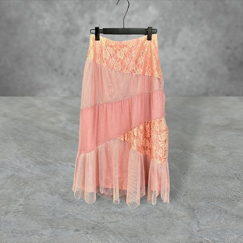 蘿綺莉蕾芭索 二手 暗粉紅色 輕薄 拼接 蕾絲 網布 低腰 27 長裙 PF519