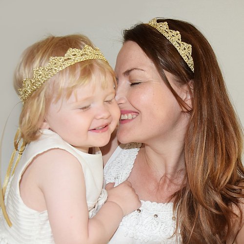 kerasoftwear Gold Crown Headband Set for Mommy and Me, Metallic Golden Matching Headbands for Mother and Daughter