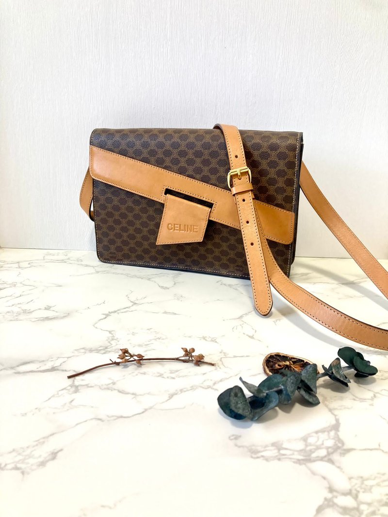 LA LUNE || Celine日本中古二手單肩手袋斜孭側背郵差包啡色老花 - 側背包/斜背包 - 人造皮革 咖啡色