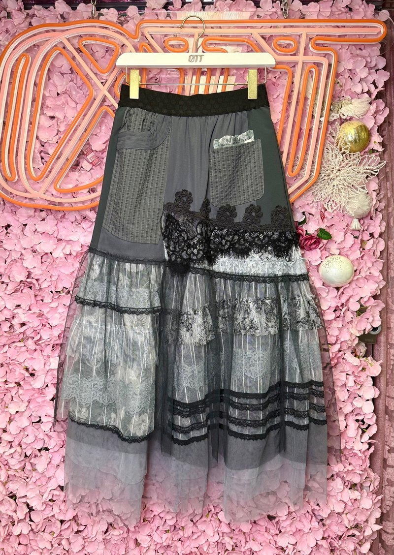 OTT One-of-a-Kind • Unique Japanese-Inspired Light Grey Patchwork Embroidered Hand-Painted Print Mesh Lace Maxi Skirt - Skirts - Cotton & Hemp Gray