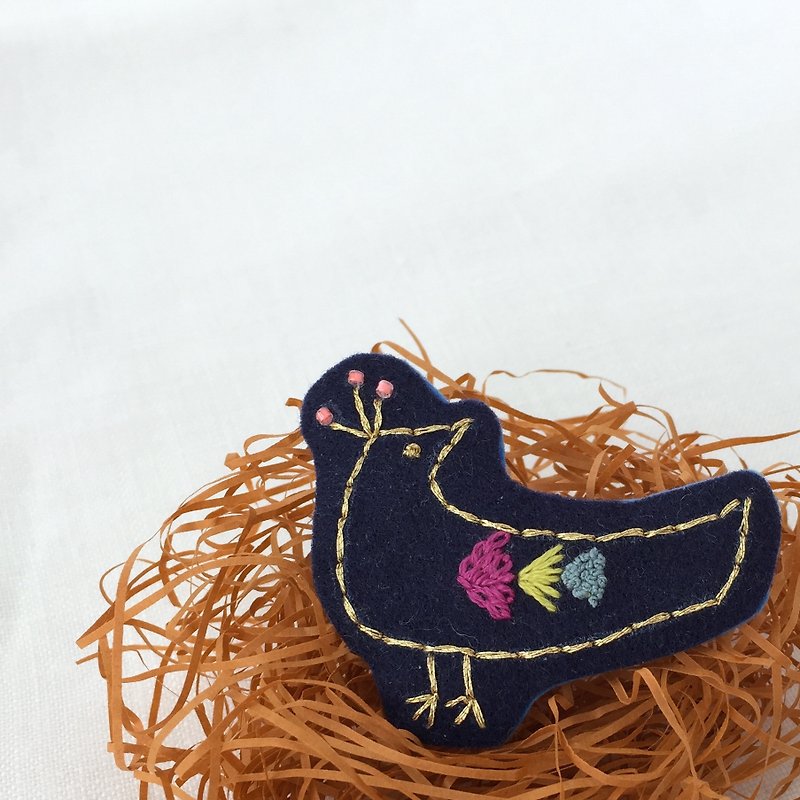Brooch / 手刺繍 / 鳥 - ブローチ - ウール ブルー