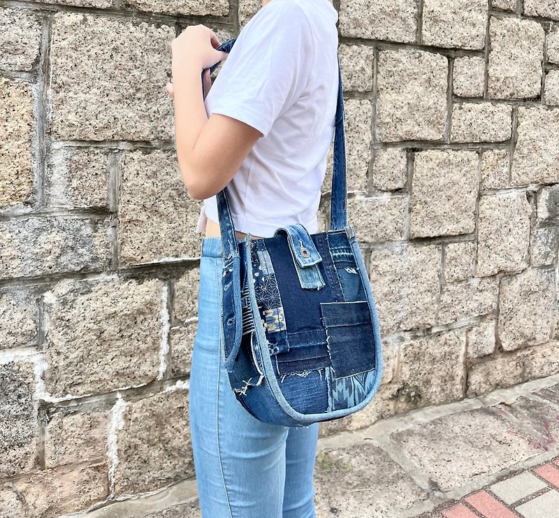 (Customized/Customized) Denim patchwork U-shaped three-purpose bag - Messenger Bags & Sling Bags - Other Materials 