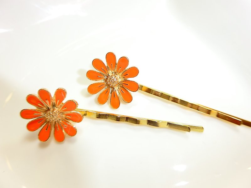 Great fresh orange - daisy flower hairpin -Cash.b - เครื่องประดับผม - โลหะ สีส้ม