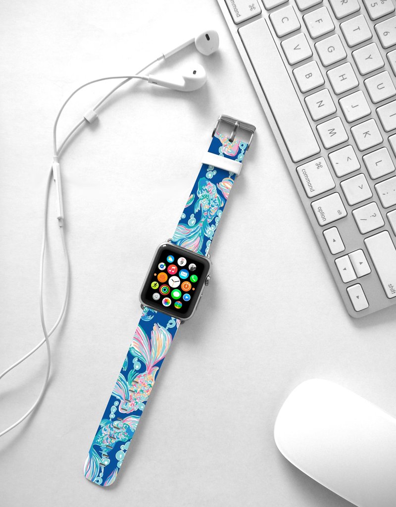 Watercolor Goldfish leather Apple Watch Band 38 40 42 44 mm Series 5 4 045 - สายนาฬิกา - หนังแท้ 