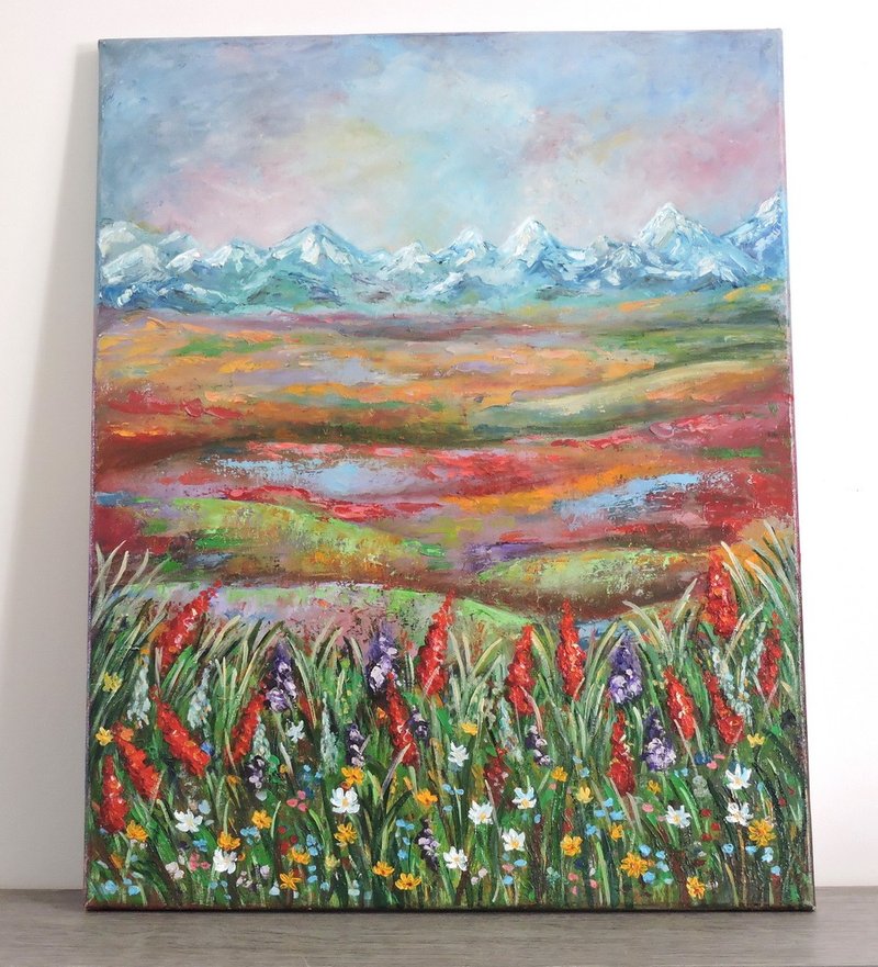 Oil painting Mountain Meadows in Spring original art on canvas wall decoration - Wall Décor - Other Materials Multicolor