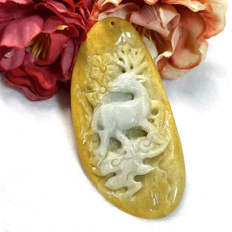 Multi-precious Stone/natural jadeite A goods sika deer/natural yellow jade/raw skin jade/additional official Jinlu/with certificate - Necklaces - Jade Yellow