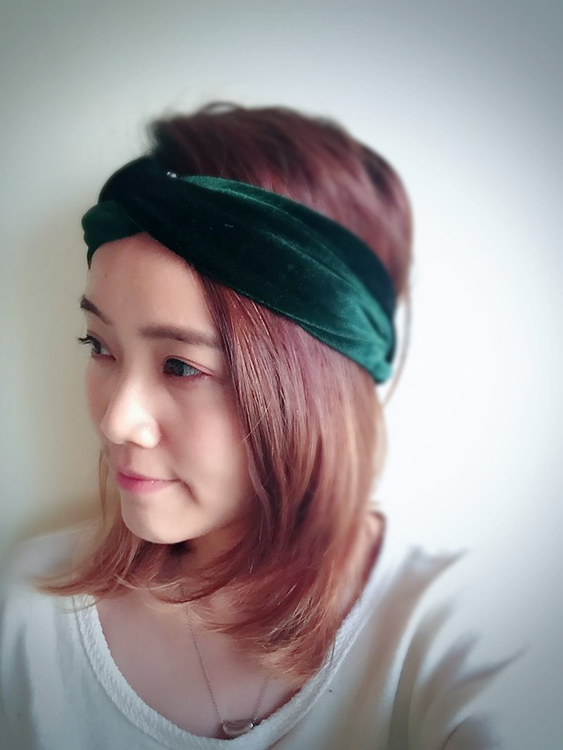 深澄綠絨布彈性髮帶 - 髮帶/頭箍 - 聚酯纖維 綠色