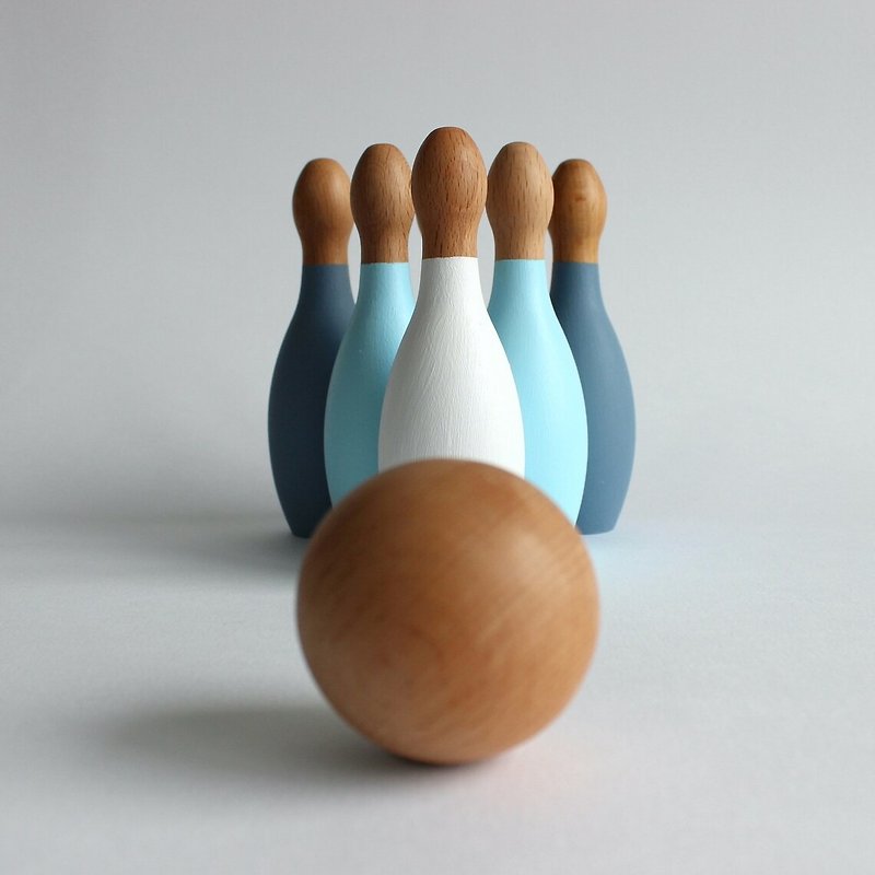 Blue Wooden Bowling Set Toy for Toddlers - Wooden Pins - Kids' Toys - Wood Blue