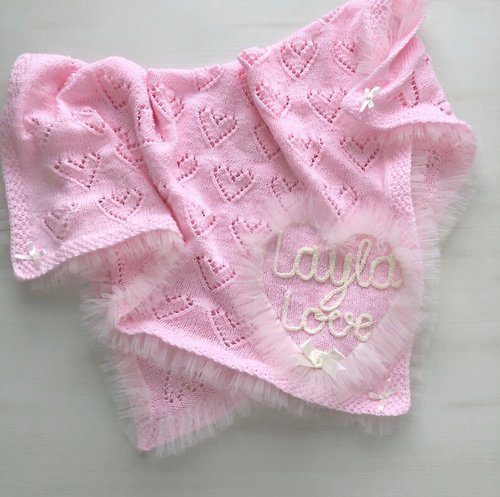V.I.Angel Pink hand knit blanket with ivory tulle and name of baby .