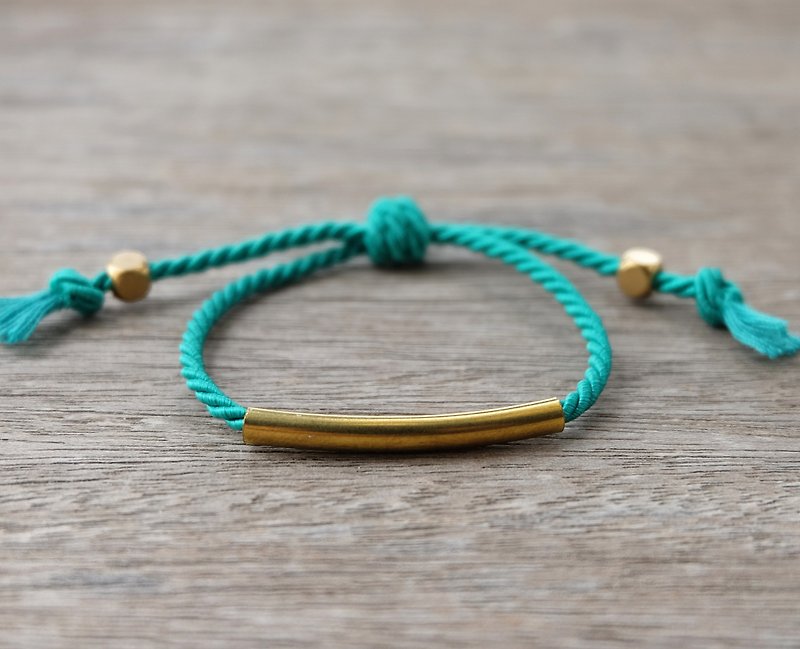 Green mint twisted rope with brass tube bracelet - สร้อยข้อมือ - วัสดุอื่นๆ สีเขียว