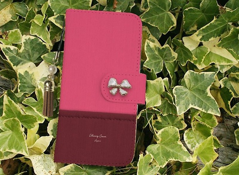 [Compatible with all models] Free shipping [Notebook type] Fabric style pink and wine red with tassel strap - Phone Cases - Genuine Leather Pink