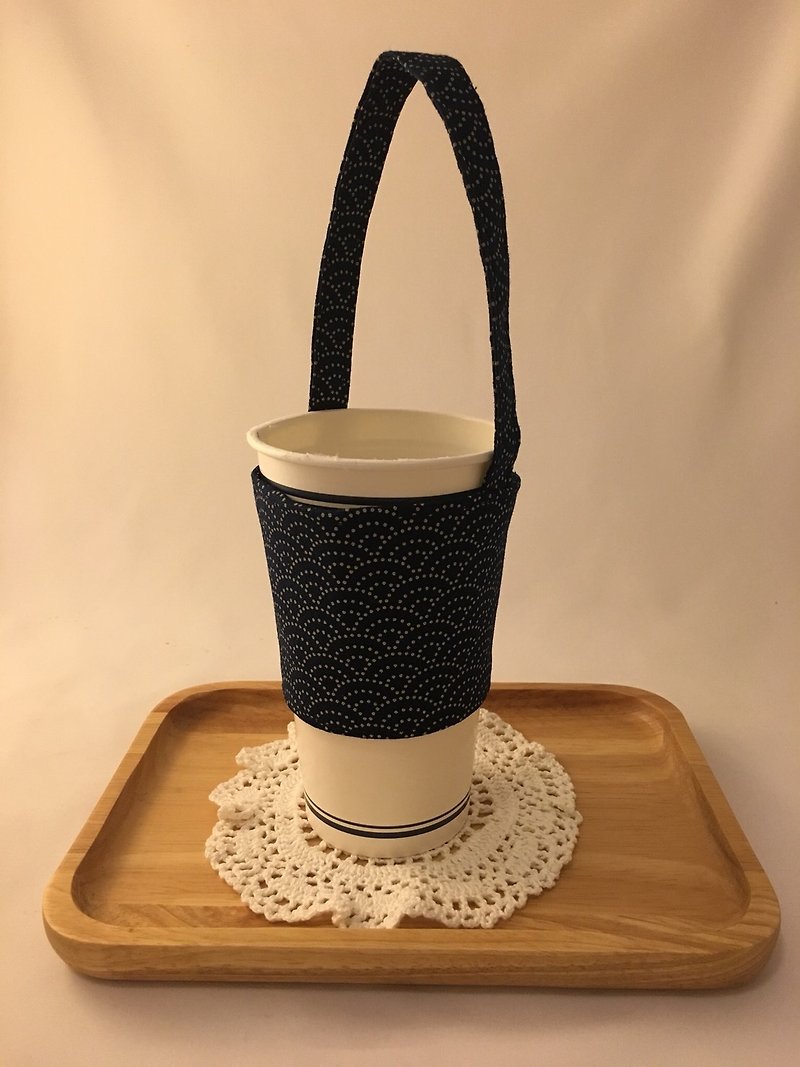 Japanese wind elegant takeaway drink cup bag - ถุงใส่กระติกนำ้ - ผ้าฝ้าย/ผ้าลินิน สีน้ำเงิน