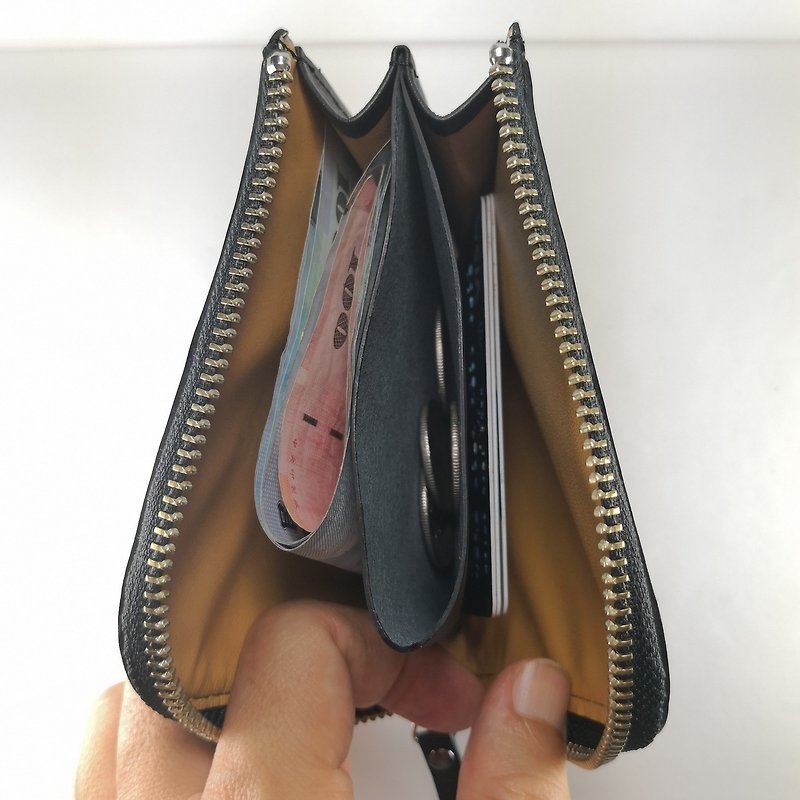 Classic L-shaped zipper short clip coin purse wallet black/brown Paid custom lettering service - กระเป๋าสตางค์ - หนังแท้ สีดำ