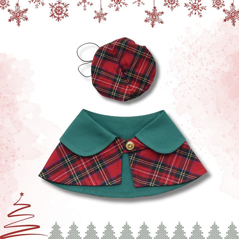 [Christmas gift] Christmas British style pet clothing set | Cape + beret | Christmas red - ชุดสัตว์เลี้ยง - ผ้าฝ้าย/ผ้าลินิน สีแดง