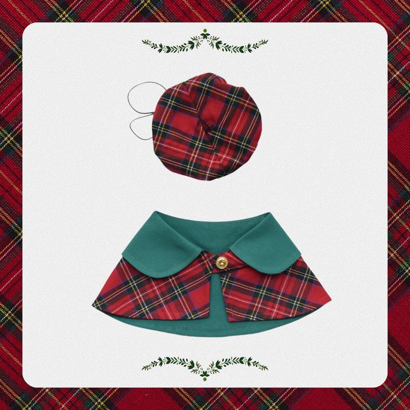 [Christmas gift] Christmas British style pet clothing set | Cape + beret | Christmas red - Clothing & Accessories - Cotton & Hemp Red