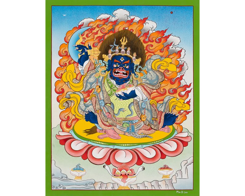 手工製作的雙臂瑪哈卡拉唐卡 - 真正的法護守護者 - 壁貼/牆壁裝飾 - 其他材質 多色