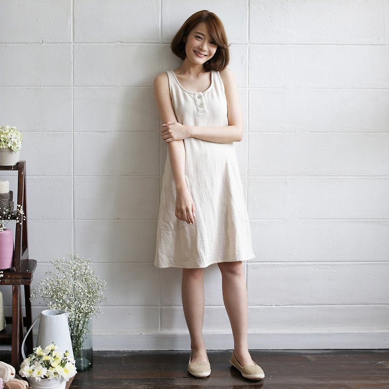Knee Length Sleeveless Dresses Natural Color Cotton - Women's Tops - Cotton & Hemp White