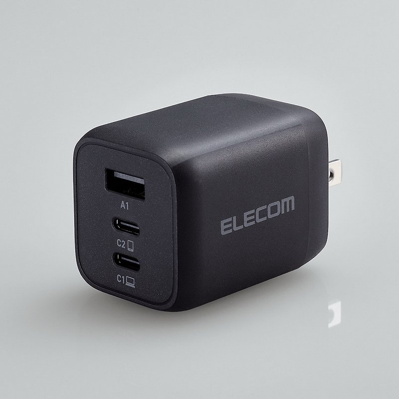 ELECOM 65W GaN氮化鎵三孔快速充電器-黑 - 行動電源/充電線 - 塑膠 黑色