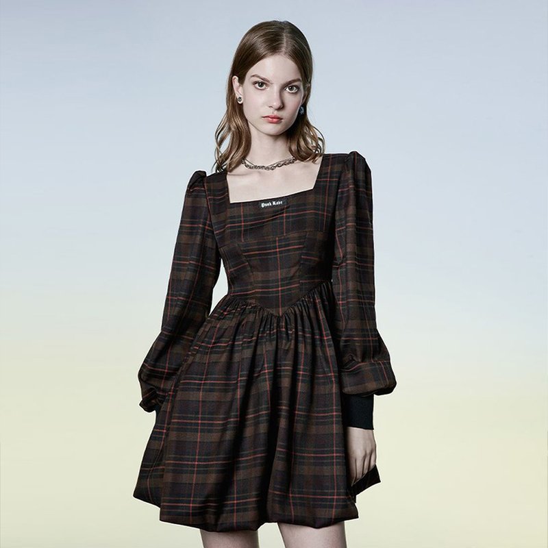 Pagan Inspiration Check Bud Dress-Pure Black / Dark Coffee - ชุดเดรส - วัสดุอื่นๆ สีนำ้ตาล