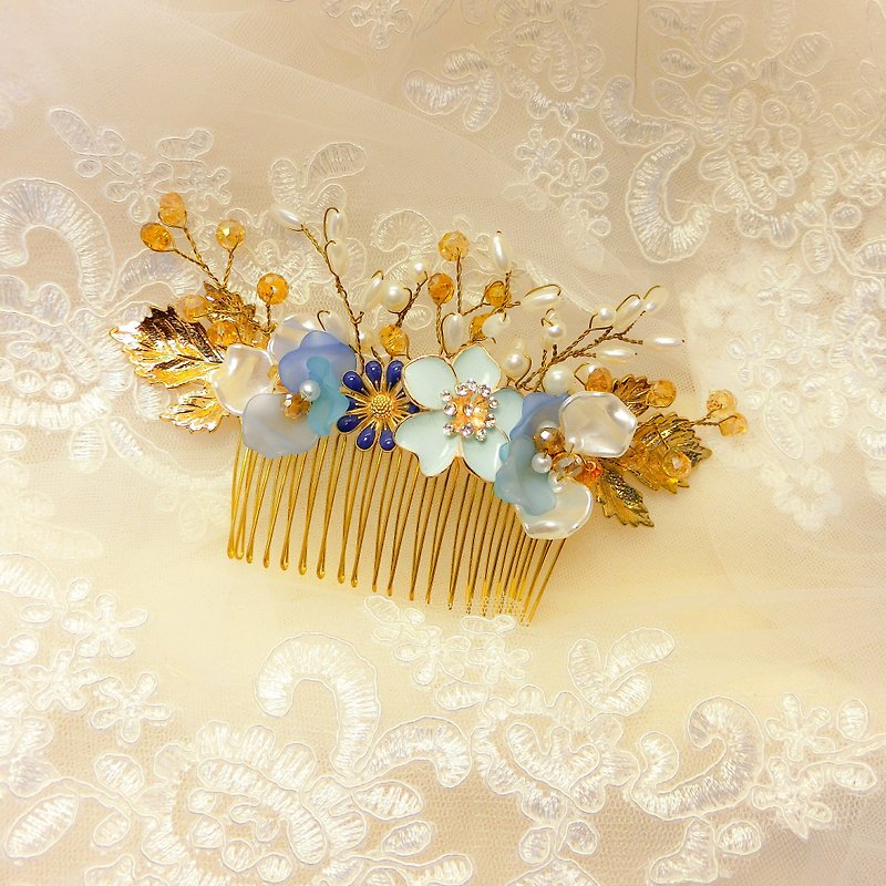 戴上幸福的飾 秋楓稻穗系列-新娘髮梳.法國梳.自助婚禮-藍湖 - 髮夾/髮飾 - 其他金屬 藍色