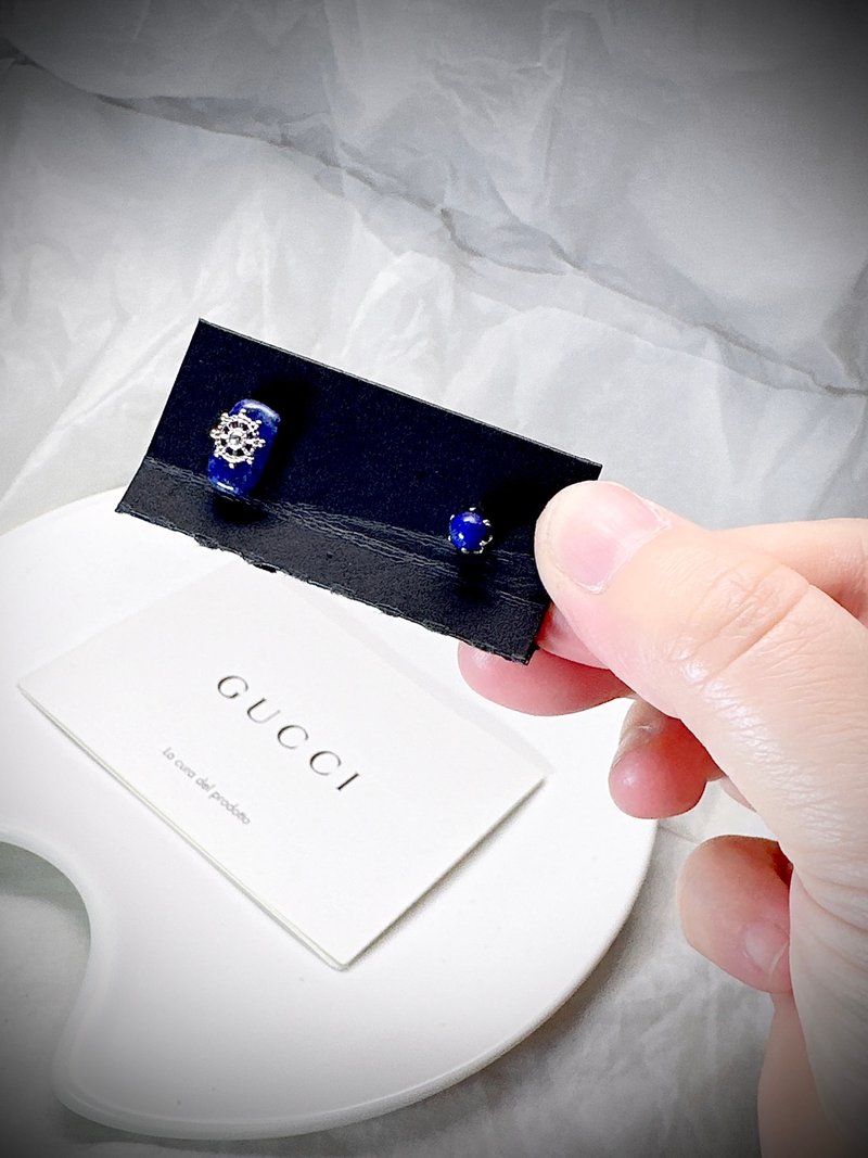 C&W Natural Lapis Lazuli Hand-Polished Square Cut Irregular Gender-Neutral Stud Earrings - ต่างหู - หยก สีน้ำเงิน