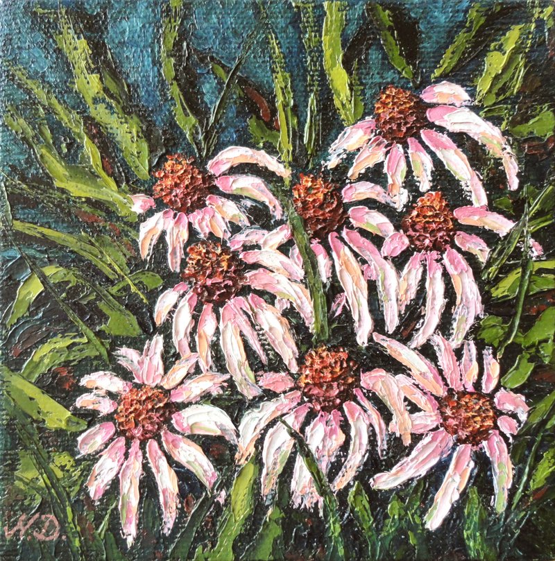 Echinacea Painting Original Art Oil Impasto Painting Flowers Artwork Small Art - โปสเตอร์ - วัสดุอื่นๆ หลากหลายสี