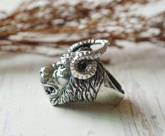 lion Horned goat ring silver Biker animal skull satan gothic skull