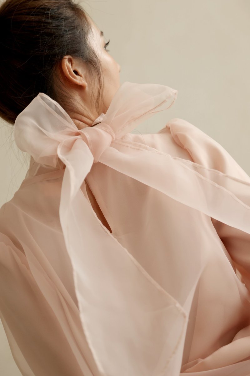 蝴蝶結雙層紗上衣—粉—漫步佛羅倫斯2024SS - 女上衣/長袖上衣 - 其他材質 粉紅色