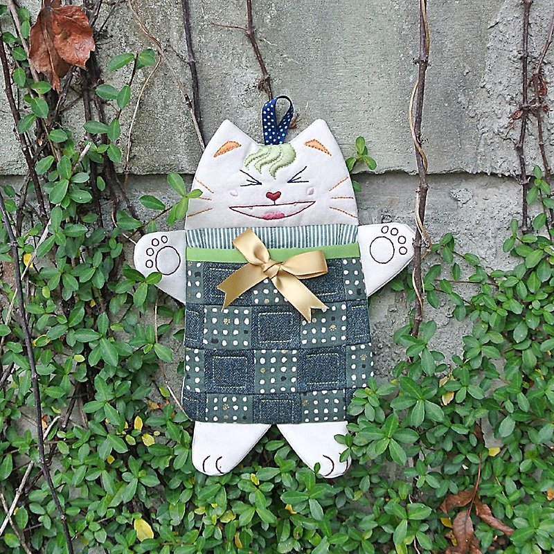 太開心可愛貓咪吊飾置物袋 - 裝飾/擺設  - 棉．麻 綠色