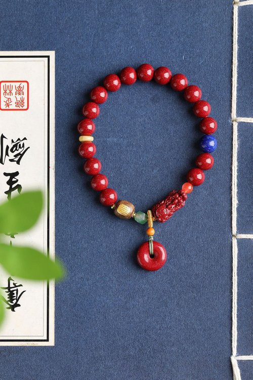 水墨 天然原礦硃砂精品紫金砂貔貅手鏈8mm硃砂含量高達95%以上