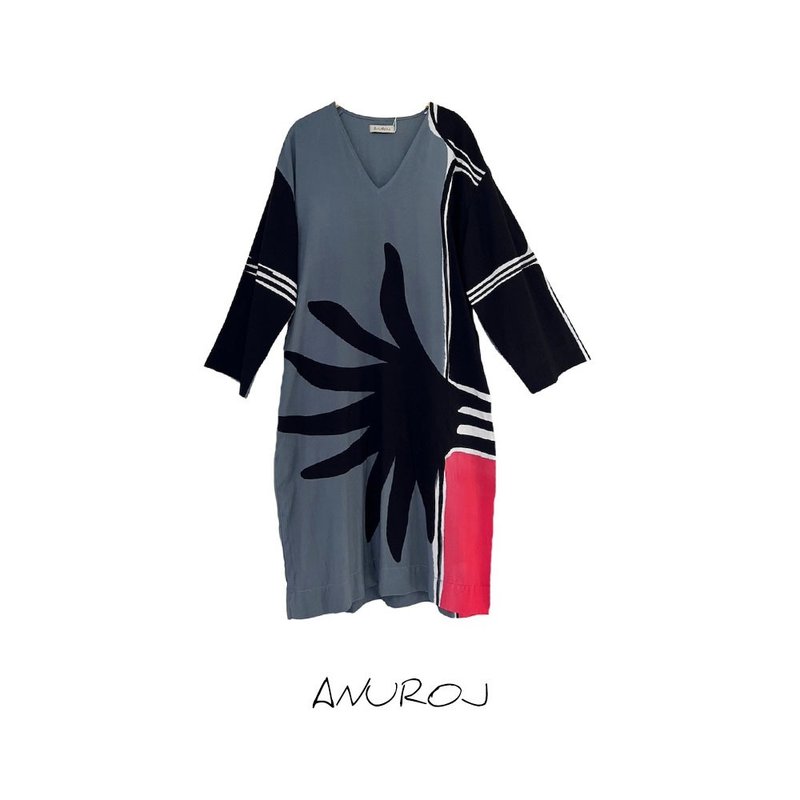 Dress V Nack Free Size Cotton Rayon Hand Paint - 洋裝/連身裙 - 棉．麻 灰色