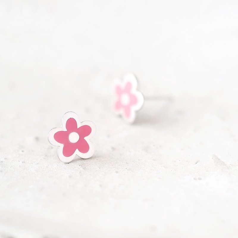 Pink 手書き風 Flower Earrings Silver925 - 耳環/耳夾 - 其他金屬 粉紅色