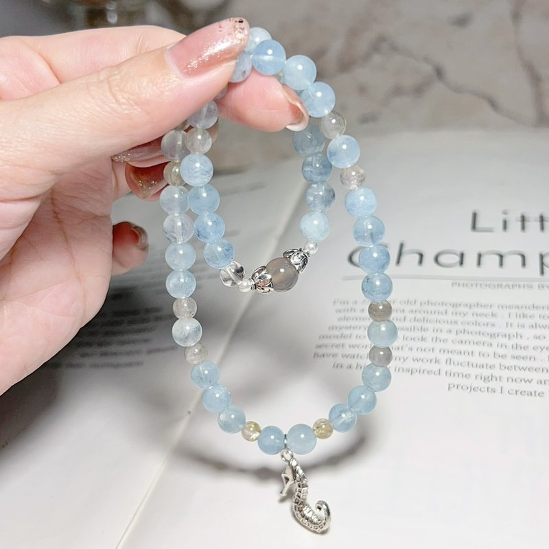 Clear Courage Stone Long Chain (Exclusive Design) Aquamarine Labradorite Long Beads - Bracelets - Crystal 