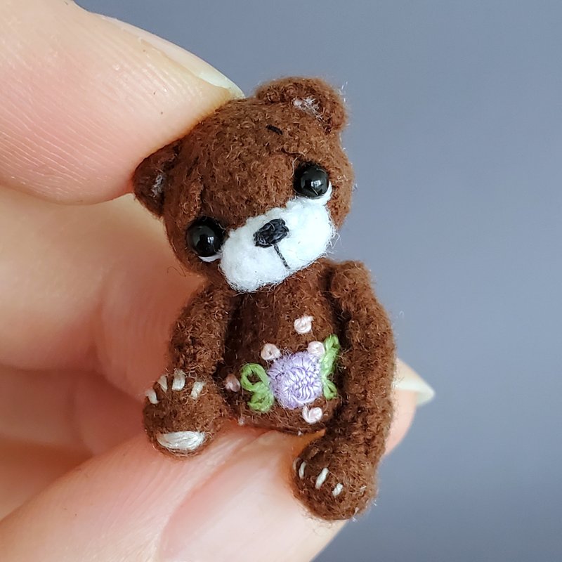 Miniature crocheted bear, embroidered flowers. Dollhouse miniature. Microtoysby - Stuffed Dolls & Figurines - Cotton & Hemp Brown