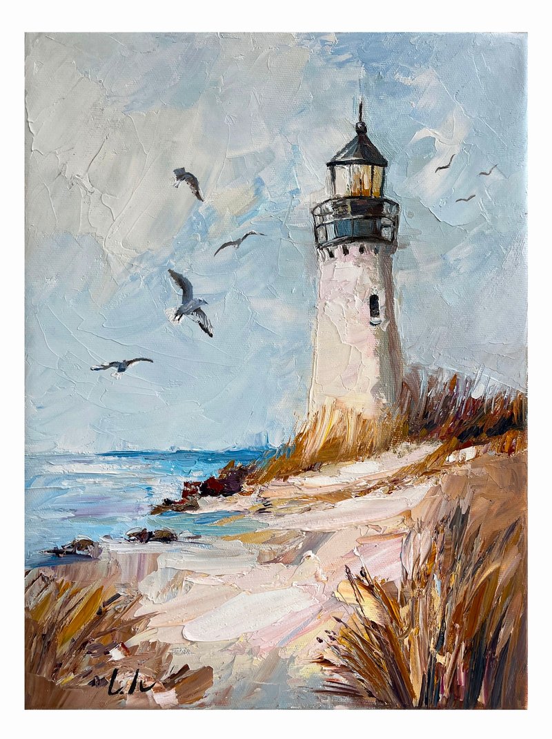Original Oil Painting – Lighthouse on the Beach – Golden H - 壁貼/牆壁裝飾 - 其他金屬 多色