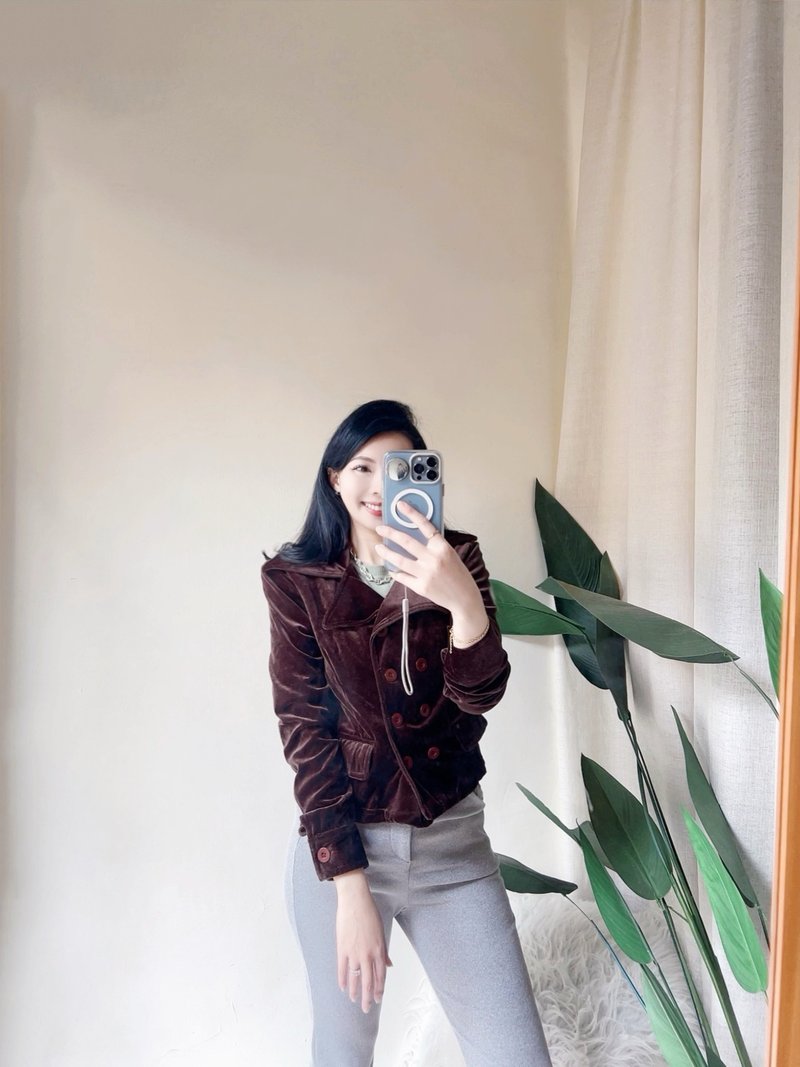 咖啡色金絲絨閃閃亮翻領 古董軟質雙排釦短版外套 jacket - 女大衣/外套 - 聚酯纖維 咖啡色