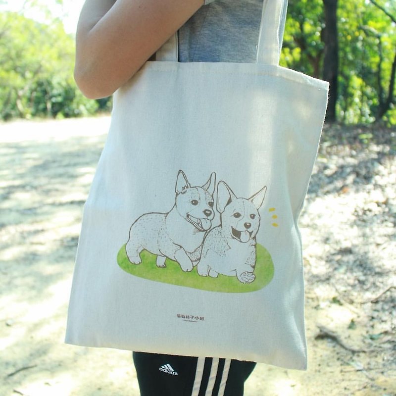 【Animal Series】#2 Corgi Geji Brothers Canvas Bag - กระเป๋าแมสเซนเจอร์ - วัสดุอื่นๆ ขาว