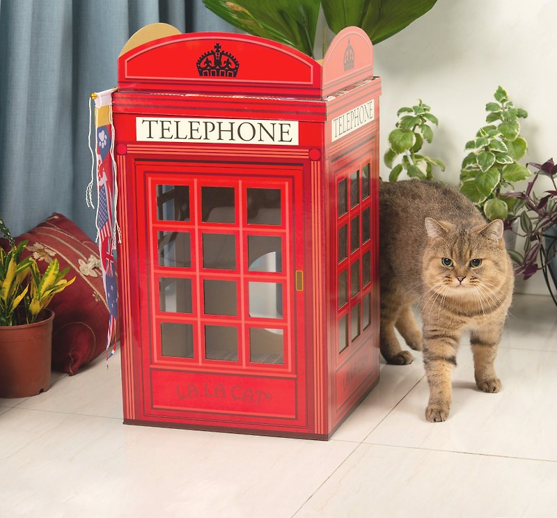 The British Red Telephone Booth Cat House Features a Flag Teaser Wand for Cats - Scratchers & Cat Furniture - Paper Red