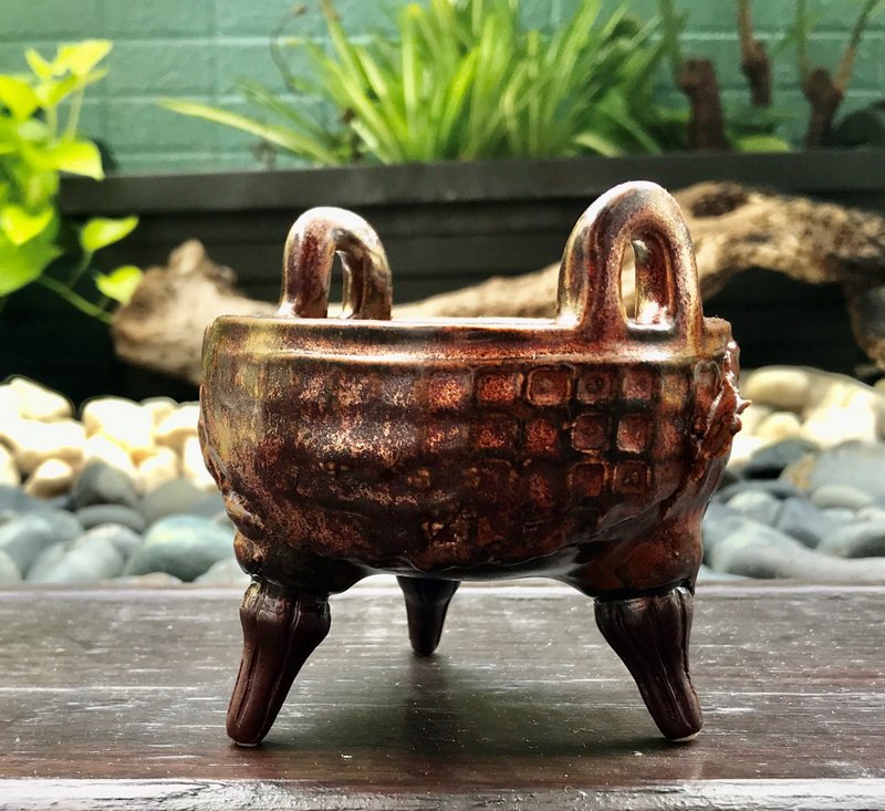 赤銅釉彩鼎陶器 招財進寶 燭台  居家擺件 仿古迷你古鼎 藝術品 - 擺飾/家飾品 - 陶 