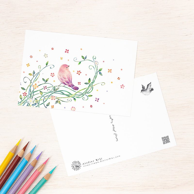 Set of 5 pieces. Like a picture book. Postcard "Purple Birds and Ivy" PC-114 - Cards & Postcards - Paper Purple